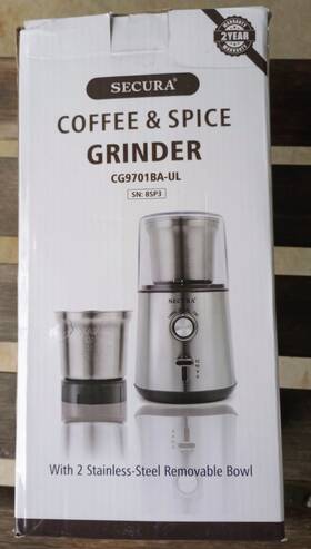 Secura 885224883000 Electric Coffee Grinder And Spice 2 Removable Bowl Silver Black