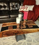 Black Walnut Epoxy Coffee Table Live Edge River Modern Metal Base. Fixed Price $1095.00.