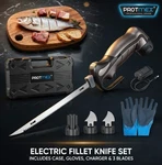 Cordless Electric Fillet Knife Set 12V W/ 8" & 10" Blades, Gloves, Case Protmex. Fixed Price $69.95.