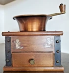 Vintage Coffee Burr Grinder Mill With Angels, Bean Drawer, Made Copper & Wood. Fixed Price $45.00.