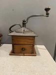 Antique Coffee Mill Grinder Wood Ornate Cast Iron Crank + Handle -marked Br. Fixed Price $45.00.