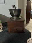 Vintage Primitive Wooden Coffee Grinder W/ Metal Hopper & Hand Crank Burr Mill. Fixed Price $30.00.