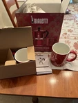 Bialetti Moka Deco Glamour Red Espresso 6 Cup Capacity With 2 Mugs. Fixed Price $80.00.