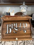 Vintage Mcm Roll Top Wood Bread Box W/ Lettering Rectangular 18IN. Fixed Price $200.00.
