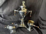 Manning Bowman Coffee Perculator W/orange Black Bakelite Handles + Creamer Sugar. Fixed Price $45.00.