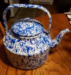 Vintage Blue & White Speckled Enamelware Lidded Coffee/tea Pot. Fixed Price $60.00.