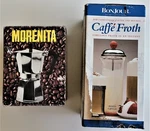 Vtg Morenita 2 Stovetop Aluminum Espresso Coffee Maker & Bonjour Caffe Froth Set. Fixed Price $45.00.