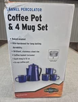 Stansport Enamel 8 Cup Coffee Pot W Percolator And 4- 12 Oz Mugs Blue Speckled. Fixed Price $34.99.