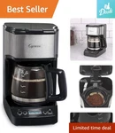 Compact 5-CUP Drip Coffee Maker With Elegant Black And Stainless Steel Finish. Fixed Price $75.99.