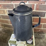 Paula Deen Gray Speckled Enamel Stovetop Coffee Percolator Pot W/ Basket & Lid. Fixed Price $50.00.