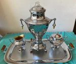 1930'S Manning Bowman Coffee Perculator Set Sugar Creamer & Tray W/agate Handles. Fixed Price $125.00.