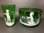Art Mary Gregory White Relief Enamel Decoration Green Glass Bowl & Cup. Fixed Price $123.25.