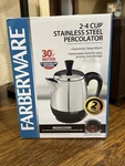 Farberware FCP240A 2-4 Cup Stainless Steel Percolator Coffee Pot New Sealed Box. Fixed Price $59.95.