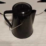 Black Shiny Metal Stovetop Percolator With Basket For Ground Coffee. Fixed Price $15.00.