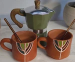 Green/silver Aluminum Stovetop Moka Pot Espresso Maker W/ 2 Mugs & Stir Sticks. Fixed Price $45.00.