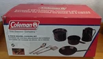 Coleman 8PC Enamel Camping Cook Set Complete W/ Box Coffee Pot Percolator Utensi. Fixed Price $62.99.