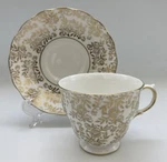 Queen Anne China Cup & Saucer 7644 Gold Floral Overlay England Vintage. Fixed Price $9.99.