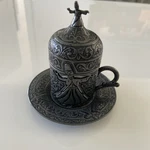 Turkish Greek Arabic Metallic Vintage Espresso Coffee Cup & Plate Acar 150 9001. Fixed Price $17.50.