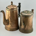 Antique Copper Coffee Tea Pots Pair Hinged Lids Wood Handles Primitive. Fixed Price $70.00.