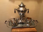 Vintage Manning Bowman Coffee Perculator W/bakelite Handles Sugar Creamer & Tray. Fixed Price $107.99.